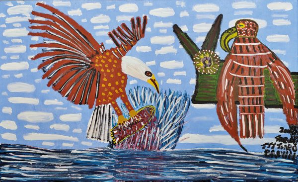 Trevor ‘Turbo’ Brown Eagle Catching Fish and Taking it to the Nest (Sea Eagle), 2009 199 x 122cm, Acrylic on linen